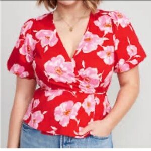 Old Navy Red Floral Wrap Short Sleeve Blouse